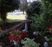 Garden with red flowers, birdbath and lush greenery